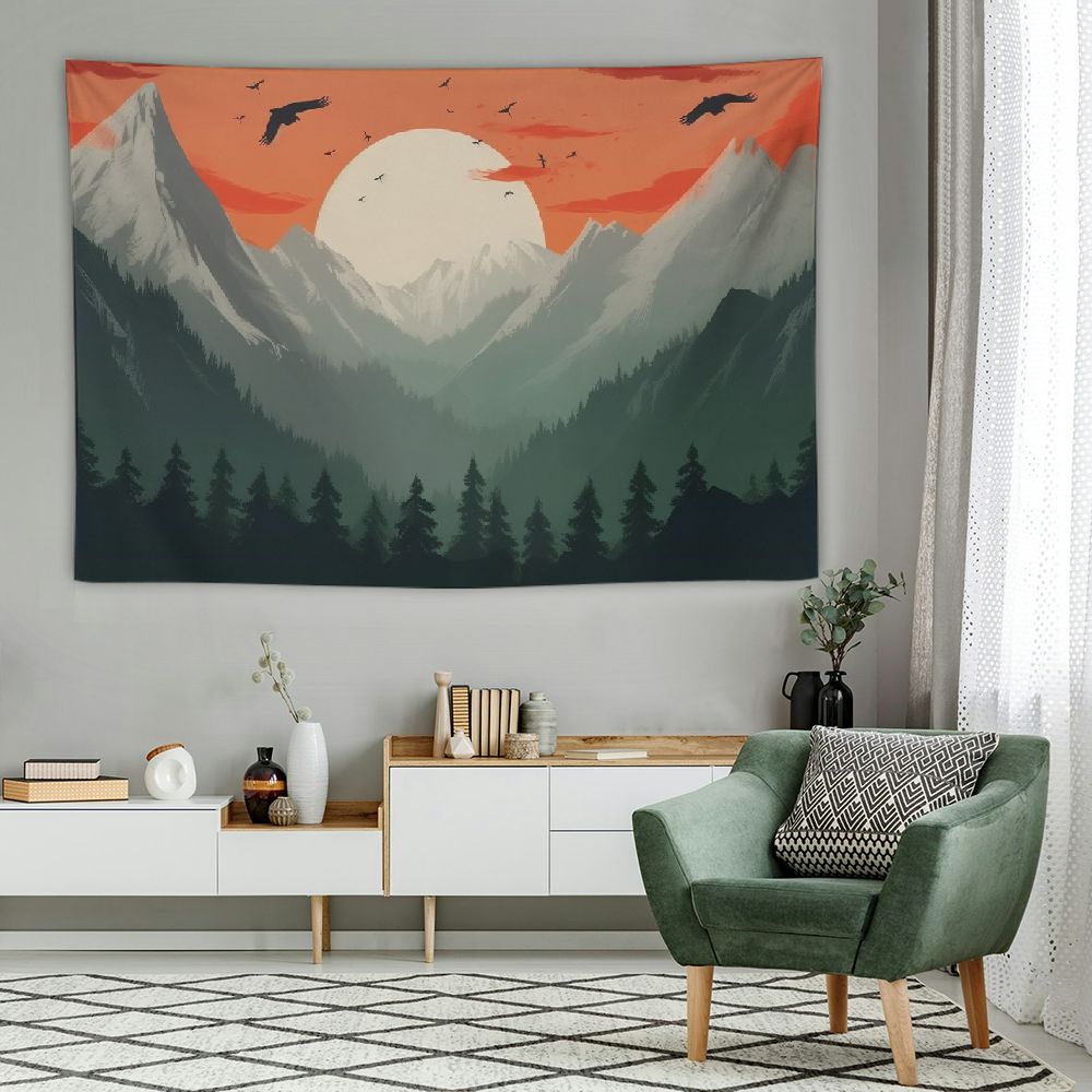 Chilfamy Sage Green Mountain Tapestry Sun Landscape Tapestry Wall