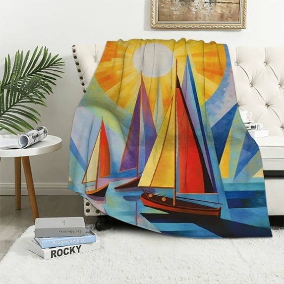 Chilfamy Sailboat Colorful Sea Sun Flannel Throw Blanket for Couch Sofa Bed All Seasons Lightweight Soft Blanket 40x50in