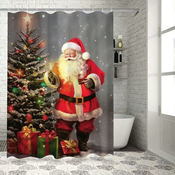 Chilfamy Santa Claus Christmas Tree Presents Print Shower Curtain Set 100% Polyester Bathroom Curtain with Hooks 60x72