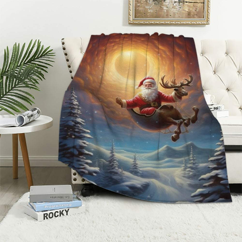 Chilfamy Santa, Sleigh, Snowy Landscape Flannel Throw Blanket for Couch