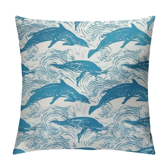 Chilfamy Sea Animals Throw Pillow Cushion Cover, Aquatic Dolphin Leaf Ornamentals Abstract Art Playful Fish, Decorative Square Pillow Case, Blue White