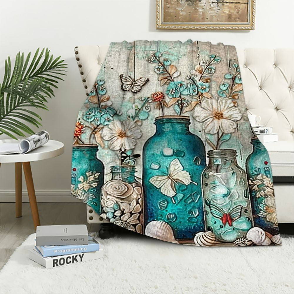 Chilfamy Sea Glass Jars Flowers Sea Animals Throw Blankets Cozy Soft