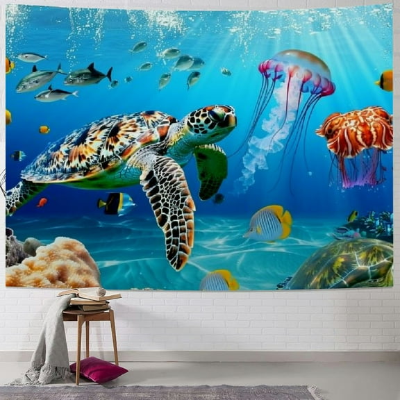 Chilfamy  Sea Turtle Tapestry Tropical Fish Jellyfish and Coral Reef Under Blue Sea Wall Hanging Blanket Ocean Tapestries for Bedroom Living Room Dorm Decor Painting