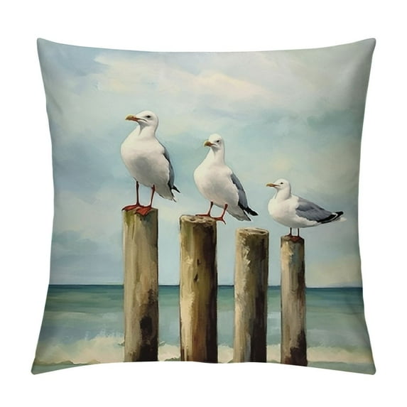 Chilfamy Seagulls Wooden Post Beach Pillow Covers Indoor Outdoor Case for Car Couch Bedroom Home Decor 1PC 18x18in