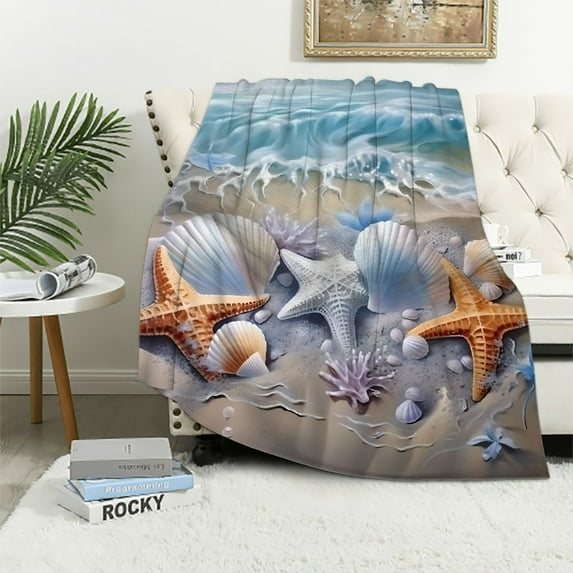 Chilfamy Seashells Starfish Beach Print Throw Blanket for Bed Sofa Living Room Decor All Seasons Soft Plush Blanket 40x50in