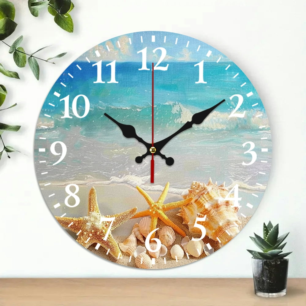 Chilfamy Seashells Starfish Beach Theme Wooden Wall Clock, 10 Inch ...