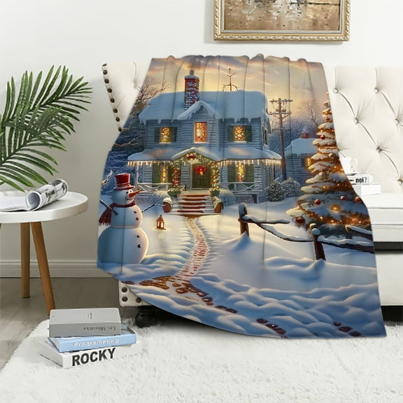 Chilfamy Snowman House Christmas Tree Throw Blanket for Bed Couch Chair All Seasons Lightweight Blanket 40x50in