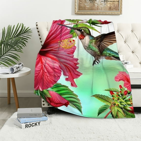 Chilfamy Spring Hummingbird Floral Blanket Gifts for Women Kids Girls Mom Wife Birthday Mother's Day Presents Red Flowers Bird Decor for Home Bed Bedroom Soft Cozy Throw Blanket 60x80in