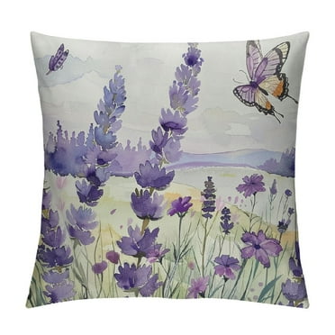 Chilfamy Spring Lavender Pillow Cover 18x18 Inch , Purple Flowers Throw Pillow Covers Summer Watercolor Floral Decorations  Cushion Covers Farmhouse Home Decor for Sofa Couch Outdoor