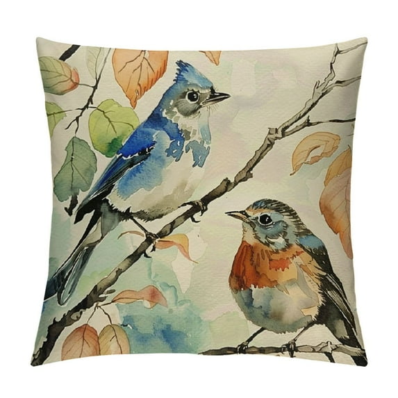 Chilfamy Spring Summer Birds Decorative Throw Pillow Covers Multi Size, Chickadee Goldfinch Bluebird Porch Outdoor Home Decor, Sparrow Branches Vintage Couch Cushion Case