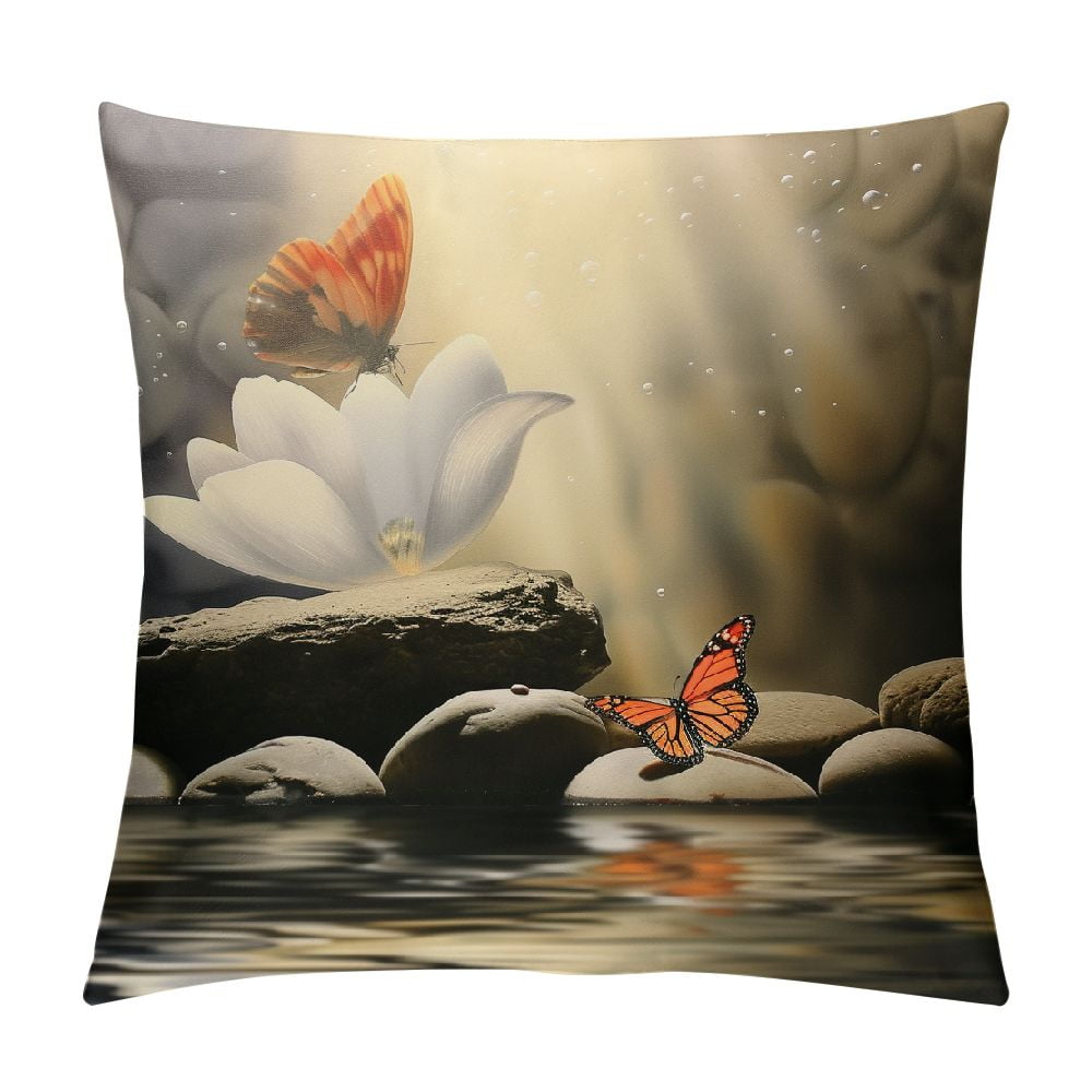 Chilfamy Square Zen Water Lily Pillow Covers White Flower and Butterfly