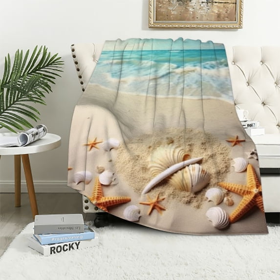 Chilfamy Starfish Shells Beach Print Throw Blanket for Bed Couch Car - All Seasons Flannel Material - Kids and Adults - 3 Sizes Available 50x60in