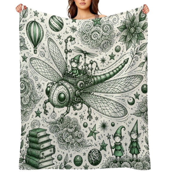 Chilfamy Steampunk Dragonfly Vehicle Sketch Soft Flannel Throw Blanket, Lightweight Fuzzy Warm Cozy Blanket for Couch Bed Home Travel Decor