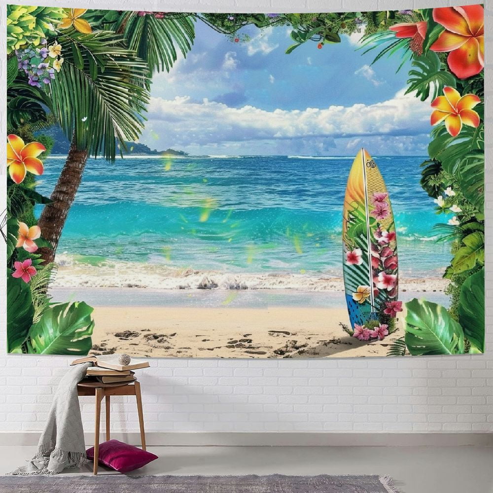 7x5 Ft Sunset Beach Backdrop - Tropical Palm Tree Hawaiian Luau Party Background, Polyester, Wrinkle-Resistant 1 thumbnail image