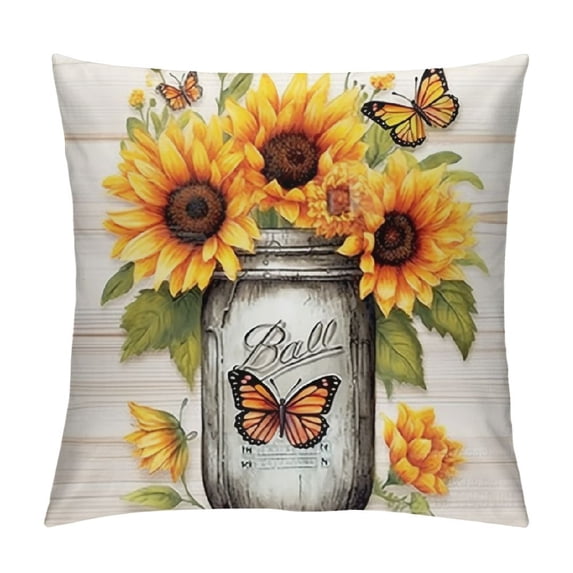 Chilfamy Sunflower Butterflies Floral Fashion Style Dirt-Resistant Throw Pillow Covers for Couch Sofa Bed Living Room Bedroom Summer Home Decor 1PC 12x12in