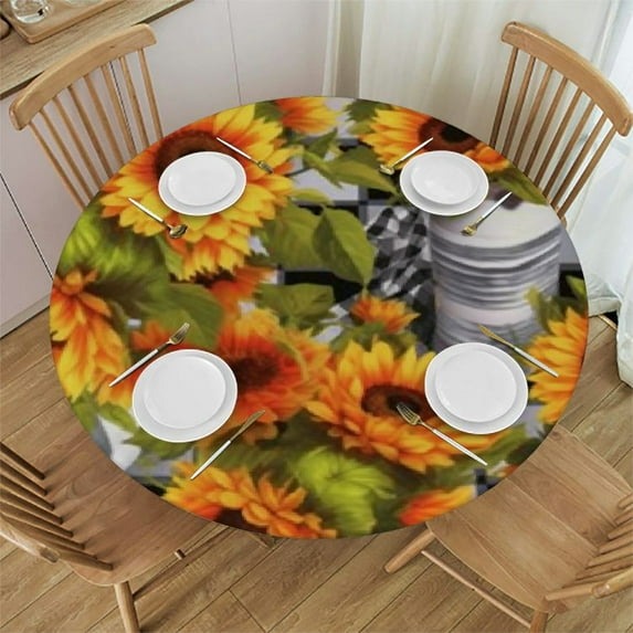 Chilfamy Sunflower Round Tablecloth Spring Summer Flower Black Buffalo Plaid Yellow Floral Decorative Table Cloth with Dust-Proof Wrinkle Resistant Decor for Home Dining Room Outdoor Patio 46-50