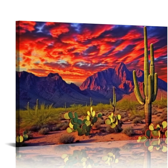 Chilfamy Sunset Cactus Canvas Wall Decor for Home Living Room Bedroom Kitchen Bathroom Ready to Hang Art Decoration Gift Idea 16x12in