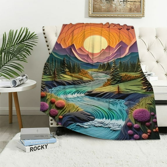 Chilfamy Sunset Mountains Trees Print Throw Blanket for Bed Couch Car, Lightweight Anti-Pilling Flannel Blanket for Kids and Adults, All Seasons Gifts, 3 Size Options 40x50in
