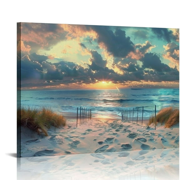 Chilfamy Sunset Ocean Beach Canvas Wall Art Decor Ready To Hang Room Home Art Decor 16x12in