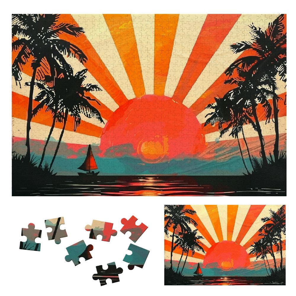 Chilfamy Sunset Palm Trees Boat Wooden Jigsaw Puzzle for Adults and ...