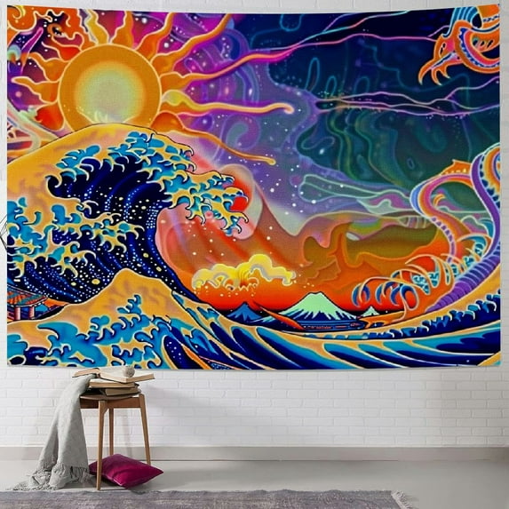 Chilfamy Tapestry Great Wave Tapestry Japanese Kanagawa Sunset Tapestry Vintage Ocean Wave Octopus Tapestry Wall Hanging for Bedroom Backdrop 60x50inch
