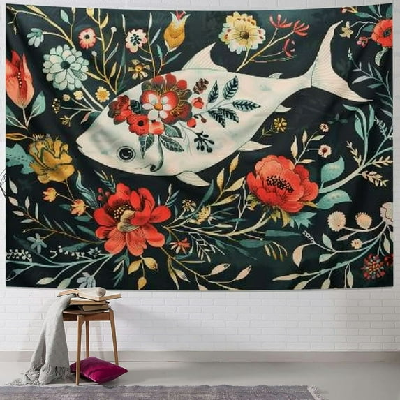 Chilfamy Tapestry Wall Hanging Red Aquarium Creative Graphic Animal Abstract Watercolor Artistic Beautiful Blossom Poppy Contour Tapestry Wall Art for Dorm Decoration Painting