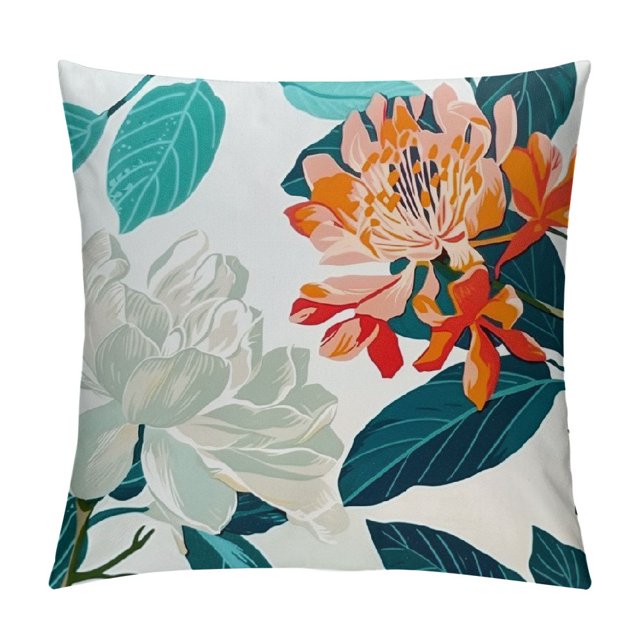 Chilfamy Teal Coral Floral Lumbar Pillow Covers Turquoise Green Leaves