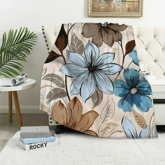 Chilfamy Throw Blanket Brown Cream Grey Teal Floral Blanket Super Soft Cozy Watercolor Tan Gray Beige Flowers Blanket for Couch Bed Decor Gift Idea Gift for Kids Family and Friends
