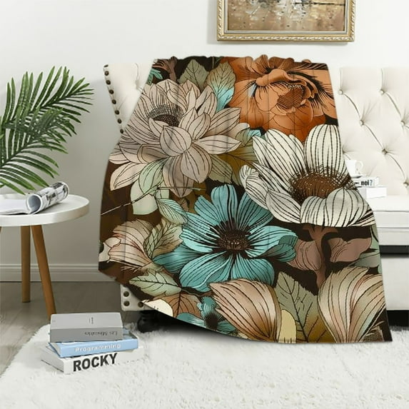 Chilfamy Throw Blankets for Bed Brown Cream Grey Teal Floral Ultra Soft Bedspread Blankets Watercolor Brown Grey Floral Blanket  for Bed Couch Car for Kids and Adults