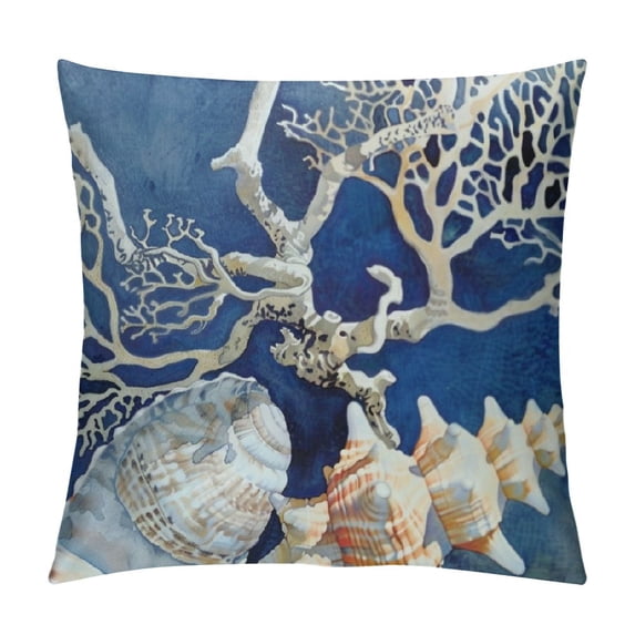 Chilfamy Throw Pillow Cover Blue Indigo Ocean Coral Seashells Beach House Gray Coastal Decorative Pillow Case Home Decor Square Pillowcase