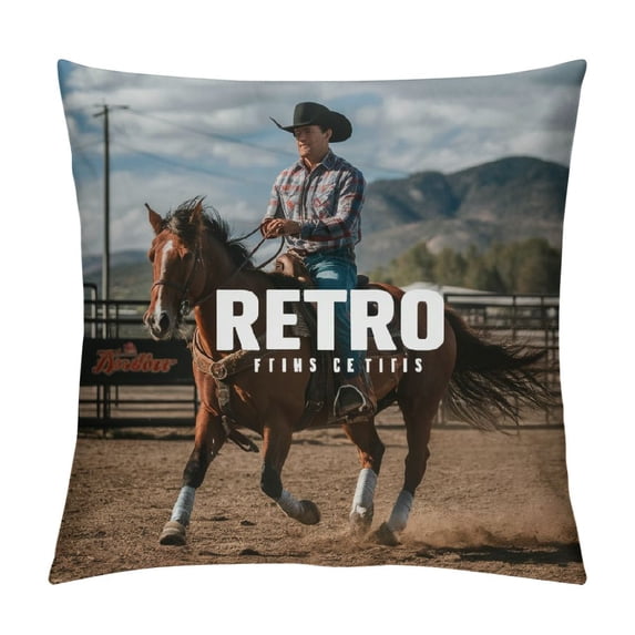 Chilfamy Throw Pillow Cover Western with Cowboy Sitting Rearing Horse in Retro Style Rider American Decorative Pillow Case Home Decor Square Pillowcase White