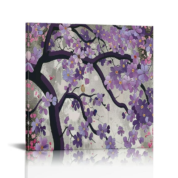 Chilfamy Tree Purple Flowers Bird Wall Art Canvas Ready To Hang Room Home Decor 12x12in