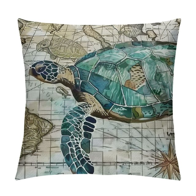 Chilfamy Turtle Map Seaweed Print Pillow Covers for Couch Printed on