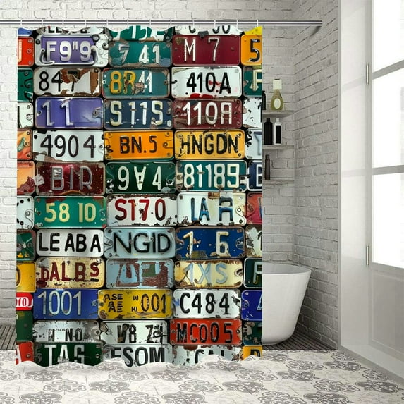 Chilfamy USA Shower Curtain, Retro American Auto License Plates Utah America Rhode Island North Carolina Print, Cloth Fabric Bathroom Decor Set with Hooks, Blue Coral Mustard White