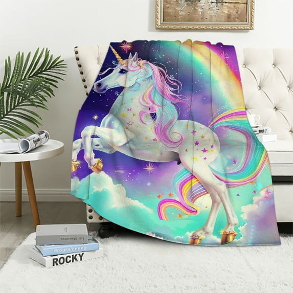 Chilfamy Unicorn Blanket, Rainbow Pink Unicorn Blanket for Girls Women Kids, Soft Flannel Cute Purple Unicorn Throw Blanket for Bed Living Room Couch