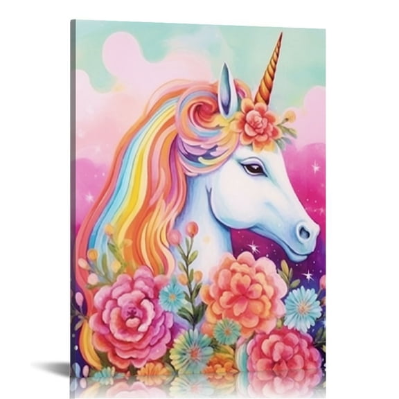 Chilfamy Unicorn Wall Decor Pictures Pink Girls Room Bedroom Bathroom Wall Art Cute Unicorn  Watercolor Painting Artwork Pink Rainbow Framed Canvas Print Nursery Kids Birthday Gifts 16x20 in/12x16 in