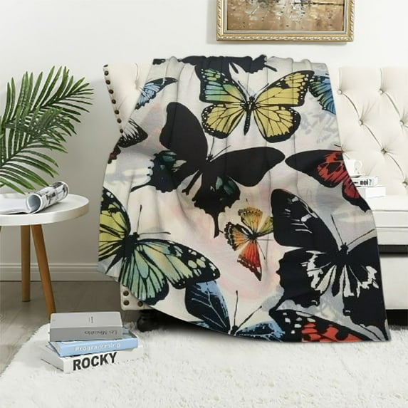Chilfamy Vintage French Types of Butterflies Blanket Retro Illustration Throws Gift for Boys Girls, Wild Animal Decor Monarch Plush Soft Lightweight Flannel Blankets for Bed Couch Chair White