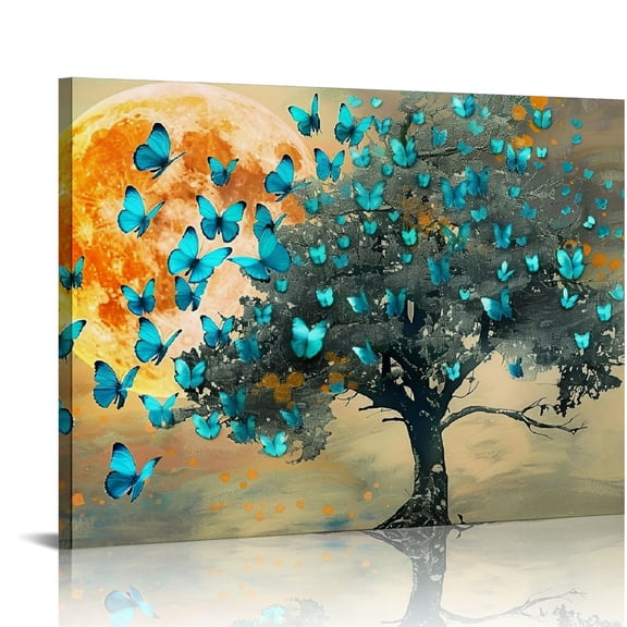 Chilfamy Vintage Wall Art Canvas Teal and Yellow Butterfly on Full Moon Landscape Tree Paintings Art Prints Creative Framed Artwork for Home Bedroom Dining Room Ready to Hang 20x16 in/16x12 in 20x16in
