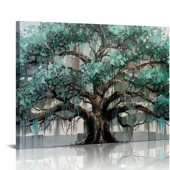 Chilfamy Wall Art Tree of Life Abstract Modern Artwork Blue Teal Tree Canvas Painting for Bedroom Living Room Office Large Decorwith Framed 20x16in
