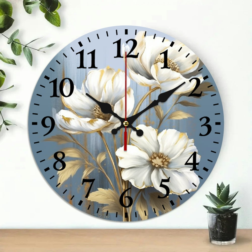 Chilfamy Wall Clock White Flowers Blue Background Gold Accents Print ...