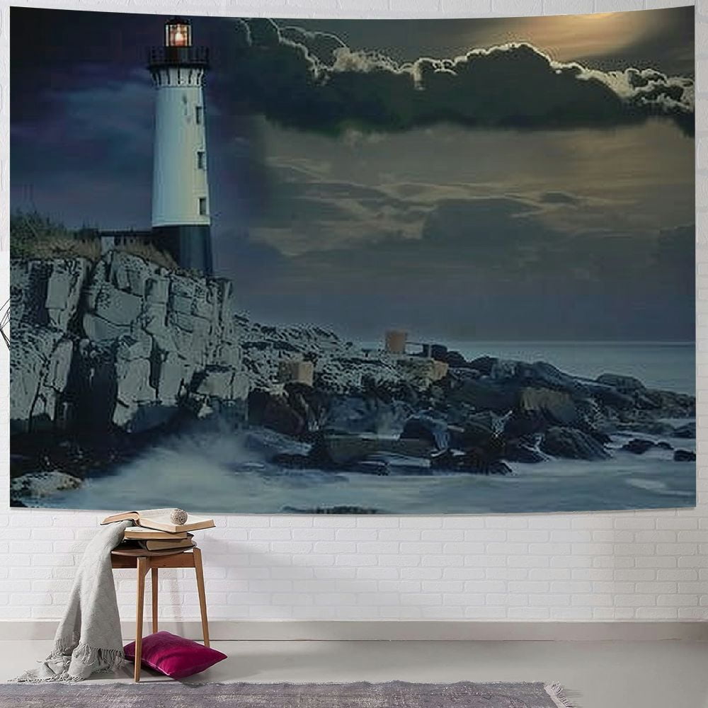 Chilfamy Wall Tapestry Sunset Scenic Lighthouse Night Spotlight Beam ...