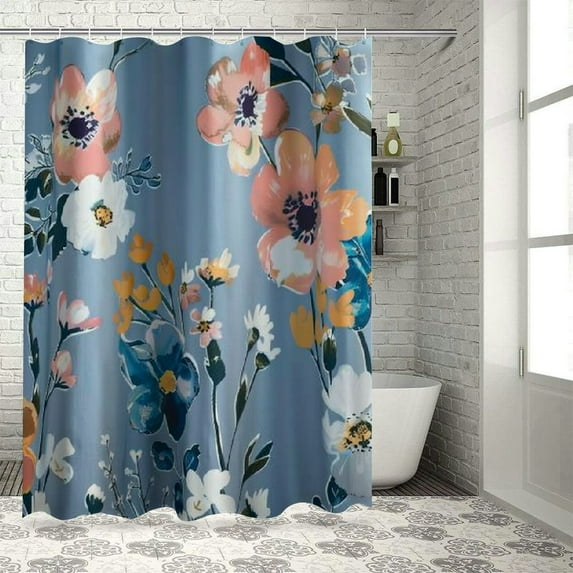 Chilfamy Watercolor Floral Shower Curtain, Blue Beige Flower Shower Curtain for Bathroom, Modern Minimalist White Waterproof Fabric Shower Curtain Set with Hooks White