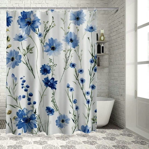 Chilfamy  Watercolor Flower Stall Shower Curtain, Wildflowers and Cornflowers Daisies Blooms Flower Buds Art, Fabric Bathroom Decor Set with Hooks, Green Marigold White