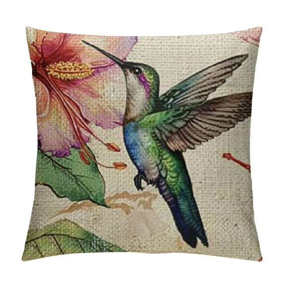 Chilfamy Watercolor Hummingbird Lumbar Throw Pillow Cover, Summer Flowers Cushion Case Decoration for Sofa Couch