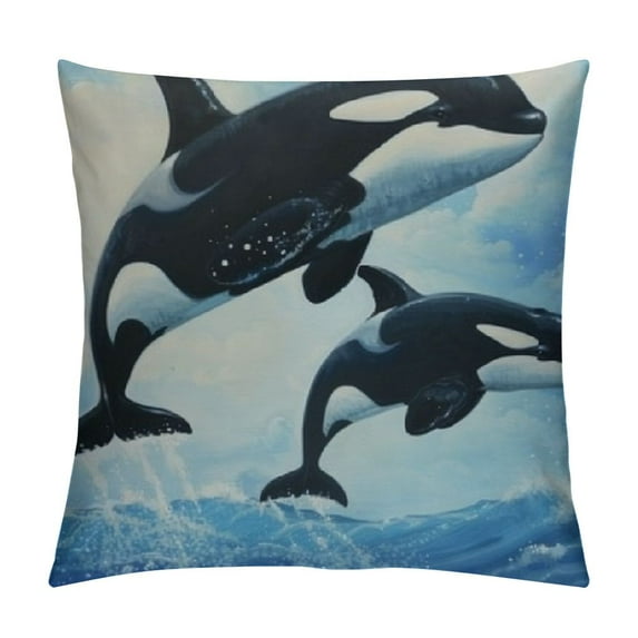 Chilfamy Watercolor Whales Throw Pillow Cover, Two Killer Whales in The Ocean Pillow Case Cover for Sofa Couch Decor  White