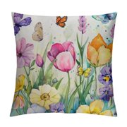 Chilfamy Waterproof Spring Floral Pillow Covers Pink Tulip Flower Lavender Butterfly Throw Pillow Covers Outdoor Spring Summer Farmhouse Decorations Cushion Case Double Sided 18x18in