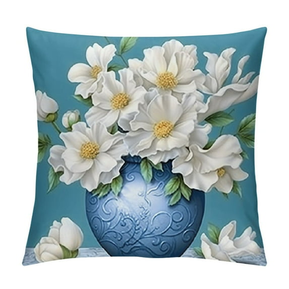 Chilfamy White Flowers Blue Vase Art Deco Pillow Covers for Couch Sofa Indoor Outdoor, Noble and Elegant Design, Short Plush, Invisible Zipper, Square Shape, 1PC 20x20in