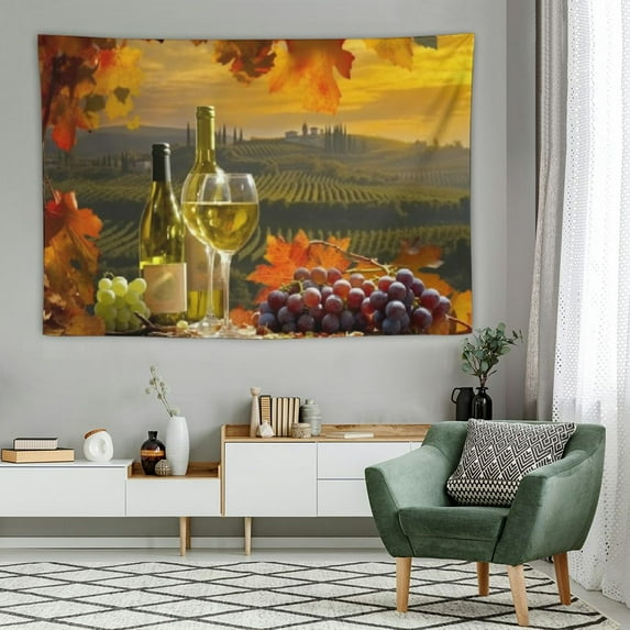 Chilfamy White Wine Tapestry White Wine with Barrel on Vineyard in Chianti Tuscany Italy Home Decor Tapestry Wall Hanging for Bedroom Living Room Dorm, 60x40 Inch