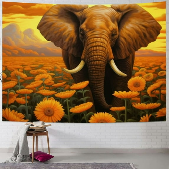 Chilfamy Wild Elephant Kids Tapestry,Sunflowers Sunset Romantic Wall Tapestries,Boys Men Room Decor,Wildlife Animals Rustic Nature Wall Hanging,Grey Yellow Retro Home Wall Decor 40x30inch