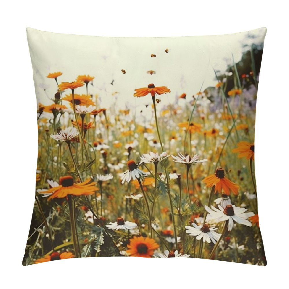 Chilfamy Wild Flowers Bee Fashion Style DirtResistant Throw Pillow